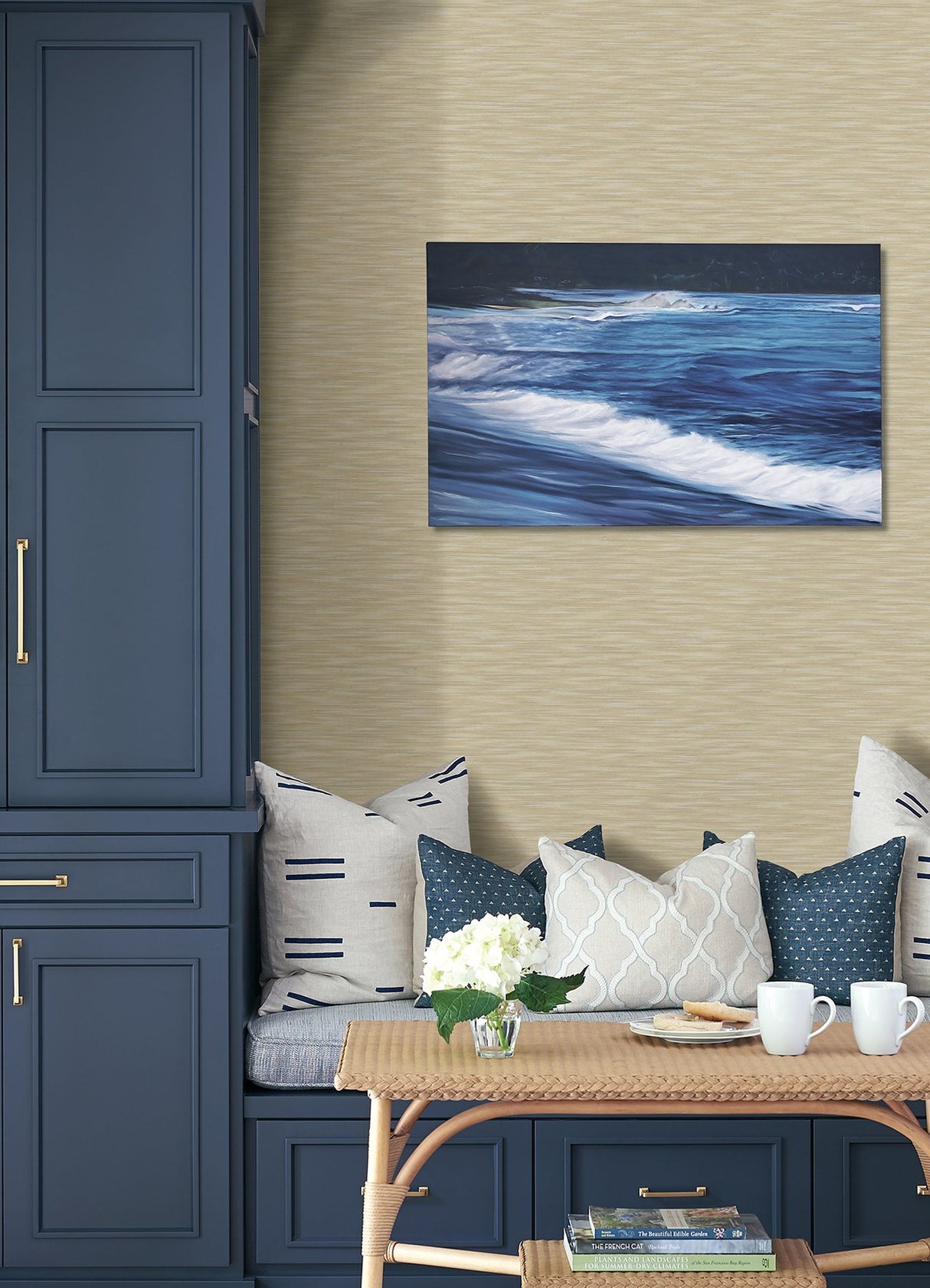 Benson Yellow Faux Fabric Wallpaper with Textured Raised Ink - Advantage 4157-26156