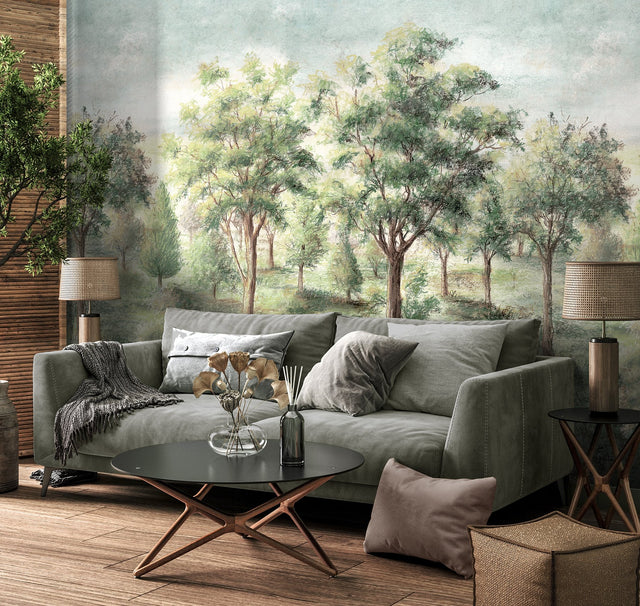 Orchard Green Scenic Trees Wall Mural with Woodland Forest Illustration - Advantage 4164-50943