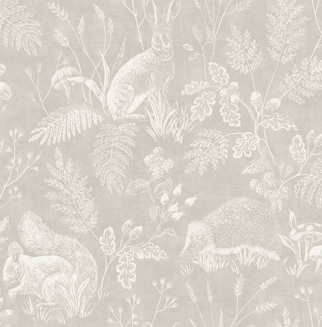 Woodland Light Grey Toile Wallpaper with Whimsical Animals Pattern - Advantage 4164-M1800