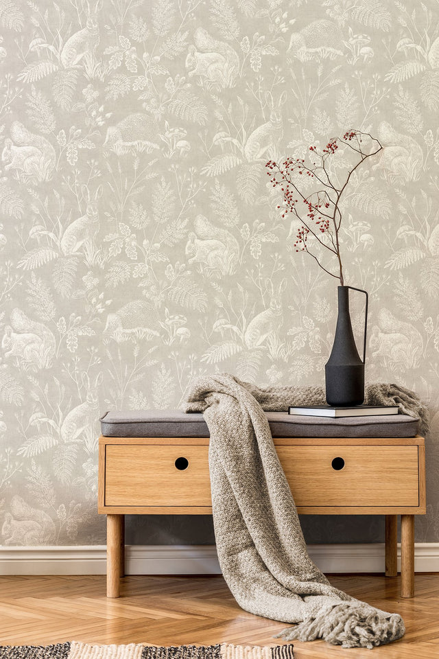 Woodland Light Grey Toile Wallpaper with Whimsical Animals Pattern - Advantage 4164-M1800