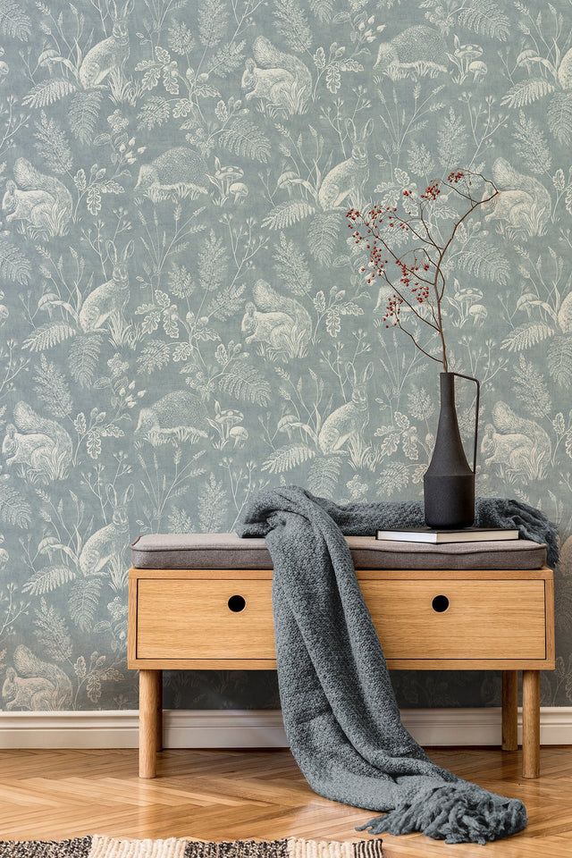 Woodland Blue Toile Wallpaper with Whimsical Animal Pattern - Advantage 4164-M1802