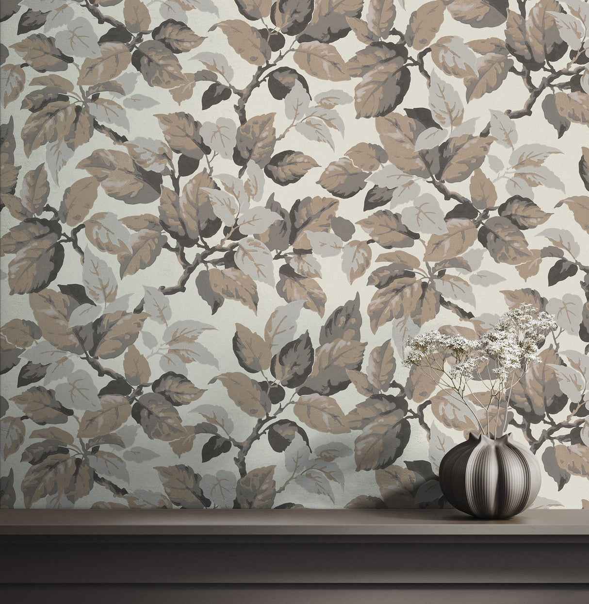 Canopy Beige Leaf Wallpaper with Traditional Botanical Leaves, Textured Non Woven Unpasted - Advantage 4164-M1806