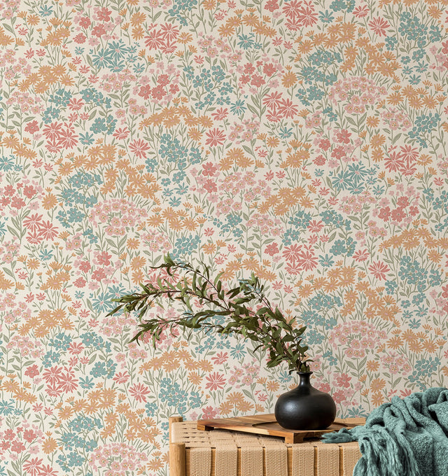 Ditsy Multi Daisies Wallpaper in Multi with Bohemian Botanical Floral Pattern - Advantage 4164-M1811