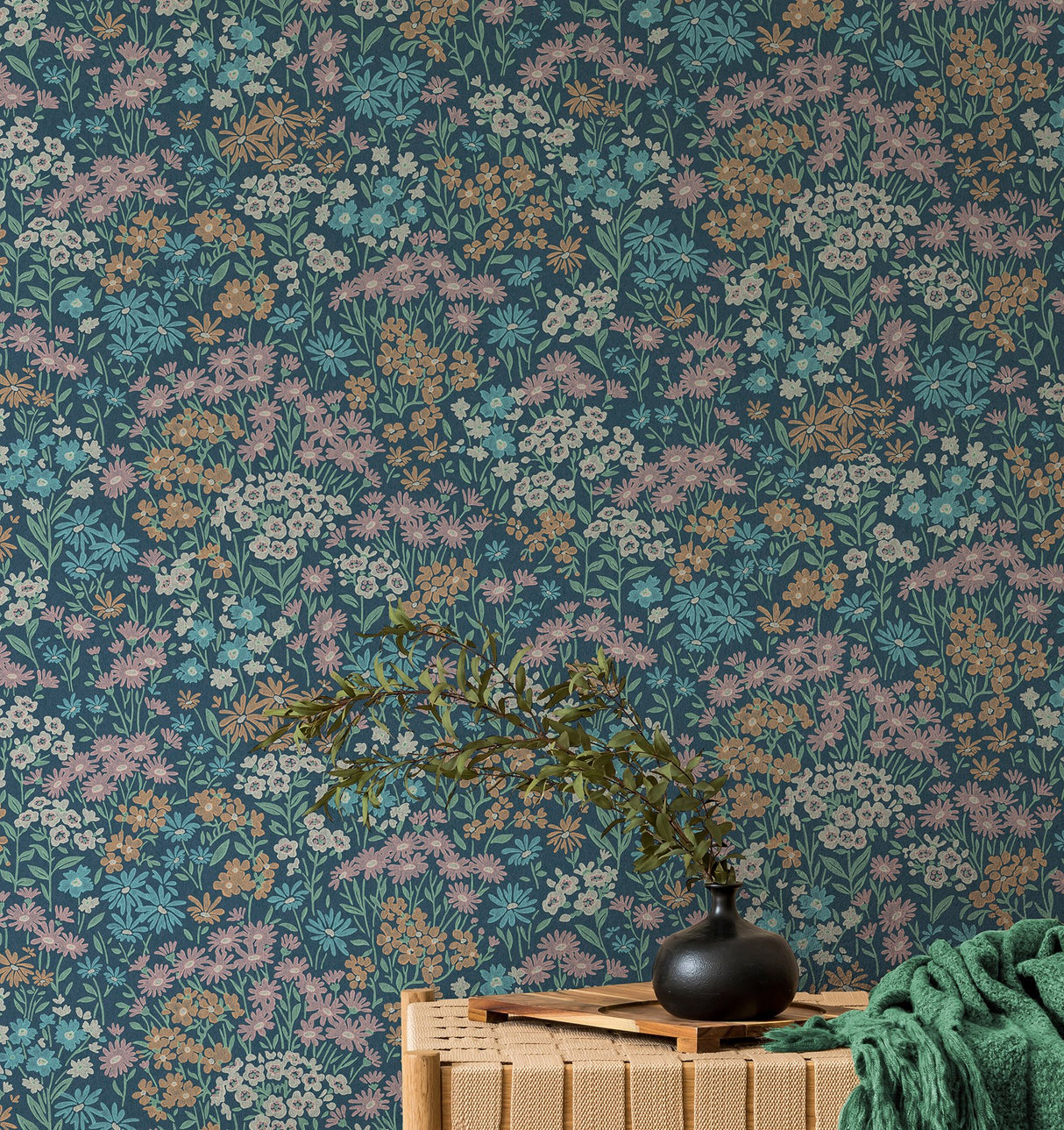 Ditsy Dark Blue Daisies Wallpaper with Bohemian Botanical Floral Pattern - Advantage 4164-M1813