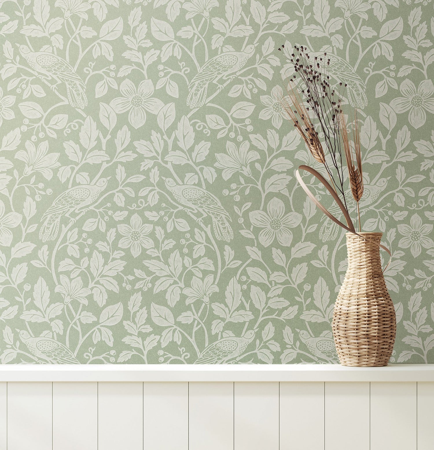 Marlow Green Bird Vine Wallpaper with Farmhouse Birds Pattern - Advantage 4164-M1816