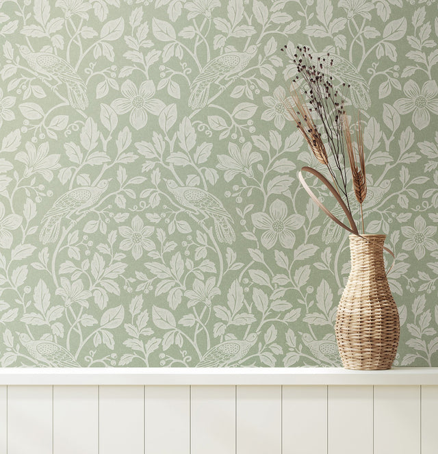 Marlow Green Bird Vine Wallpaper with Farmhouse Birds Pattern - Advantage 4164-M1816
