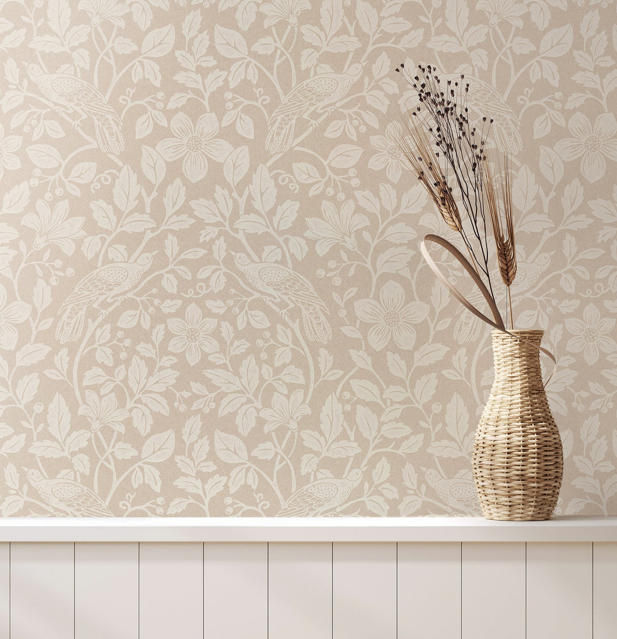 Marlow Beige Bird Vine Wallpaper with Farmhouse Birds Motif - Advantage 4164-M1817