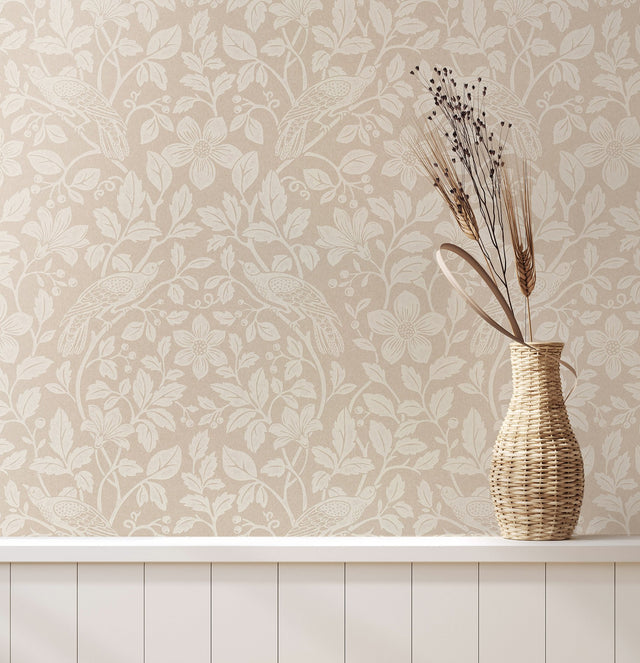 Marlow Beige Bird Vine Wallpaper with Farmhouse Birds Motif - Advantage 4164-M1817