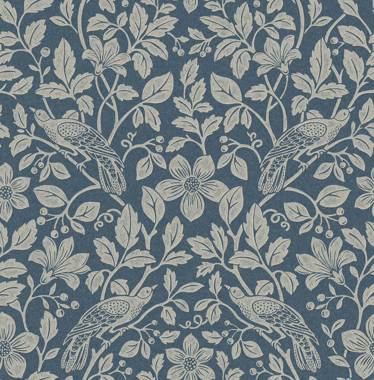 Marlow Dark Blue Bird Vine Wallpaper with Textured Non Woven Farmhouse Birds Pattern - 4164-M1818