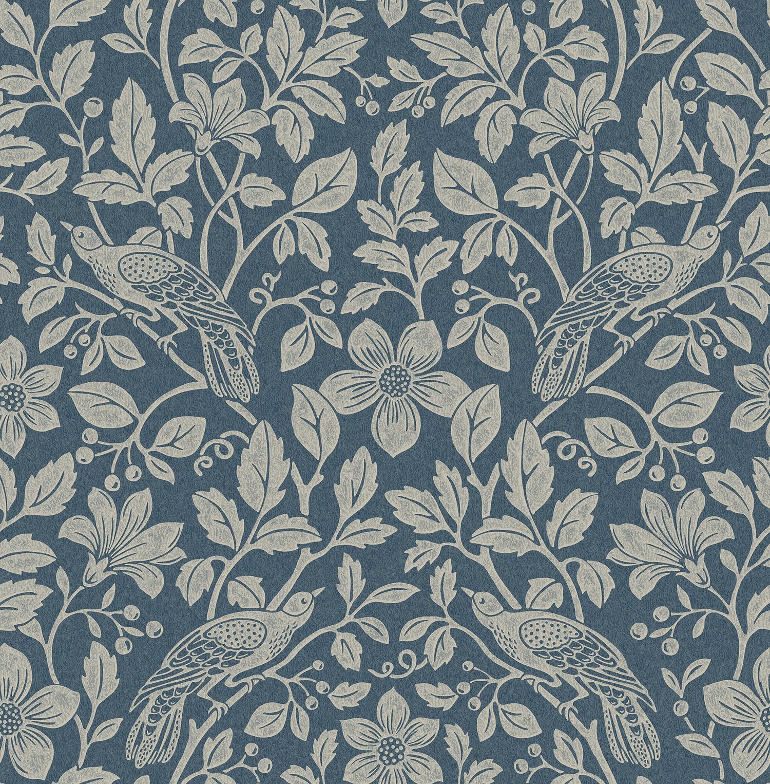 Marlow Dark Blue Bird Vine Wallpaper with Textured Non Woven Farmhouse Birds Pattern - 4164-M1818