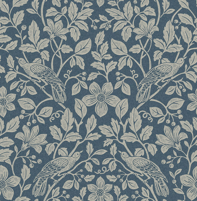 Marlow Dark Blue Bird Vine Wallpaper with Textured Non Woven Farmhouse Birds Pattern - 4164-M1818