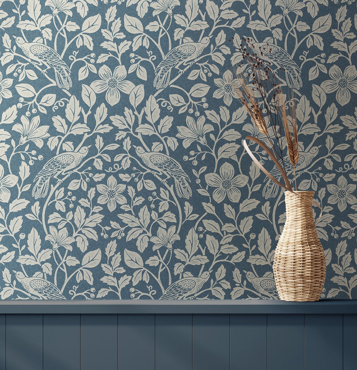 Marlow Dark Blue Bird Vine Wallpaper with Textured Non Woven Farmhouse Birds Pattern - 4164-M1818
