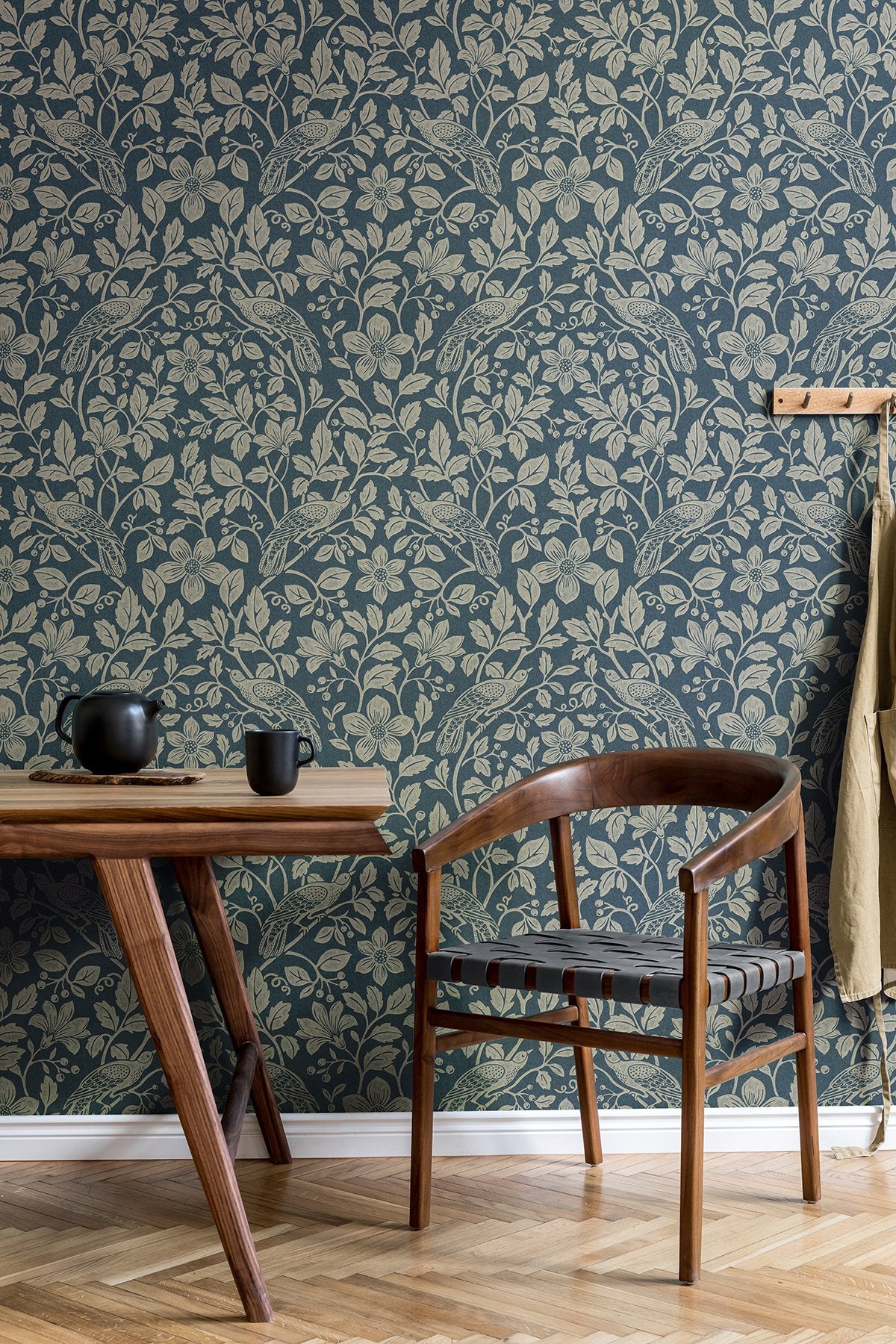 Marlow Dark Blue Bird Vine Wallpaper with Textured Non Woven Farmhouse Birds Pattern - 4164-M1818