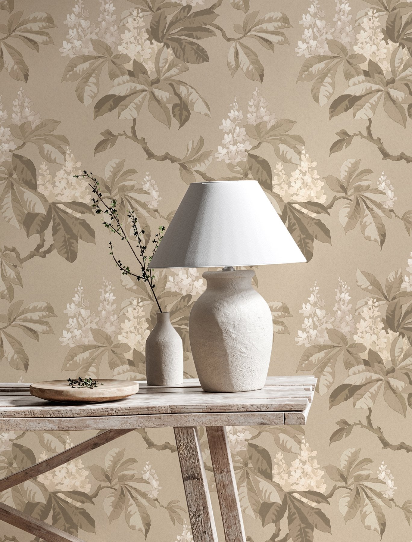 Chestnut Beige Floral Wallpaper with Botanical Flowers Motif, Farmhouse Textured Non Woven - Advantage 4164-M1820