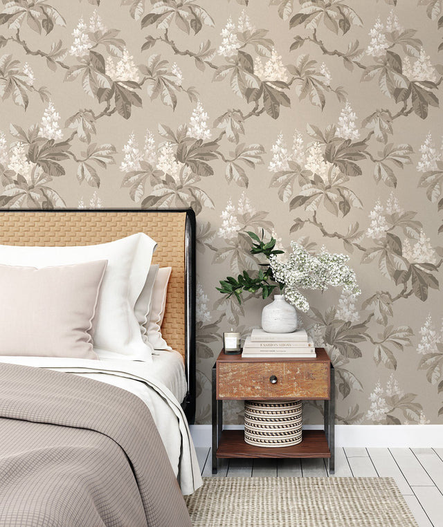 Chestnut Beige Floral Wallpaper with Botanical Flowers Motif, Farmhouse Textured Non Woven - Advantage 4164-M1820