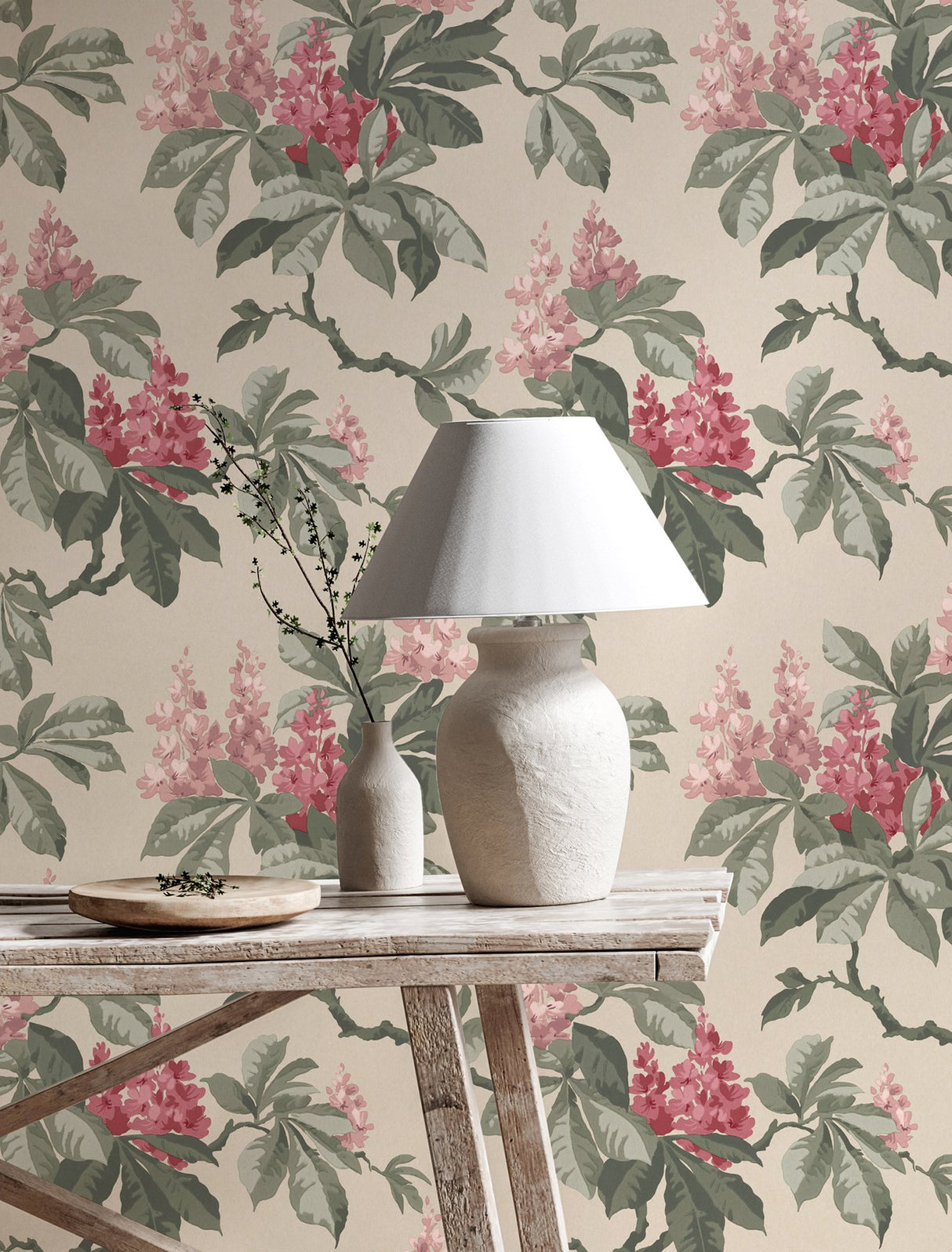 Chestnut Pink Floral Wallpaper with Botanical Flowers Motif, Farmhouse Style - Advantage 4164-M1822