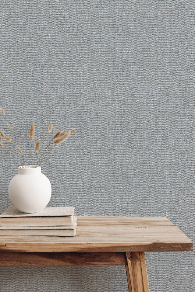 Herringbone Blue Tweed Wallpaper with Textured Fabric Pattern - Advantage 4164-M1824