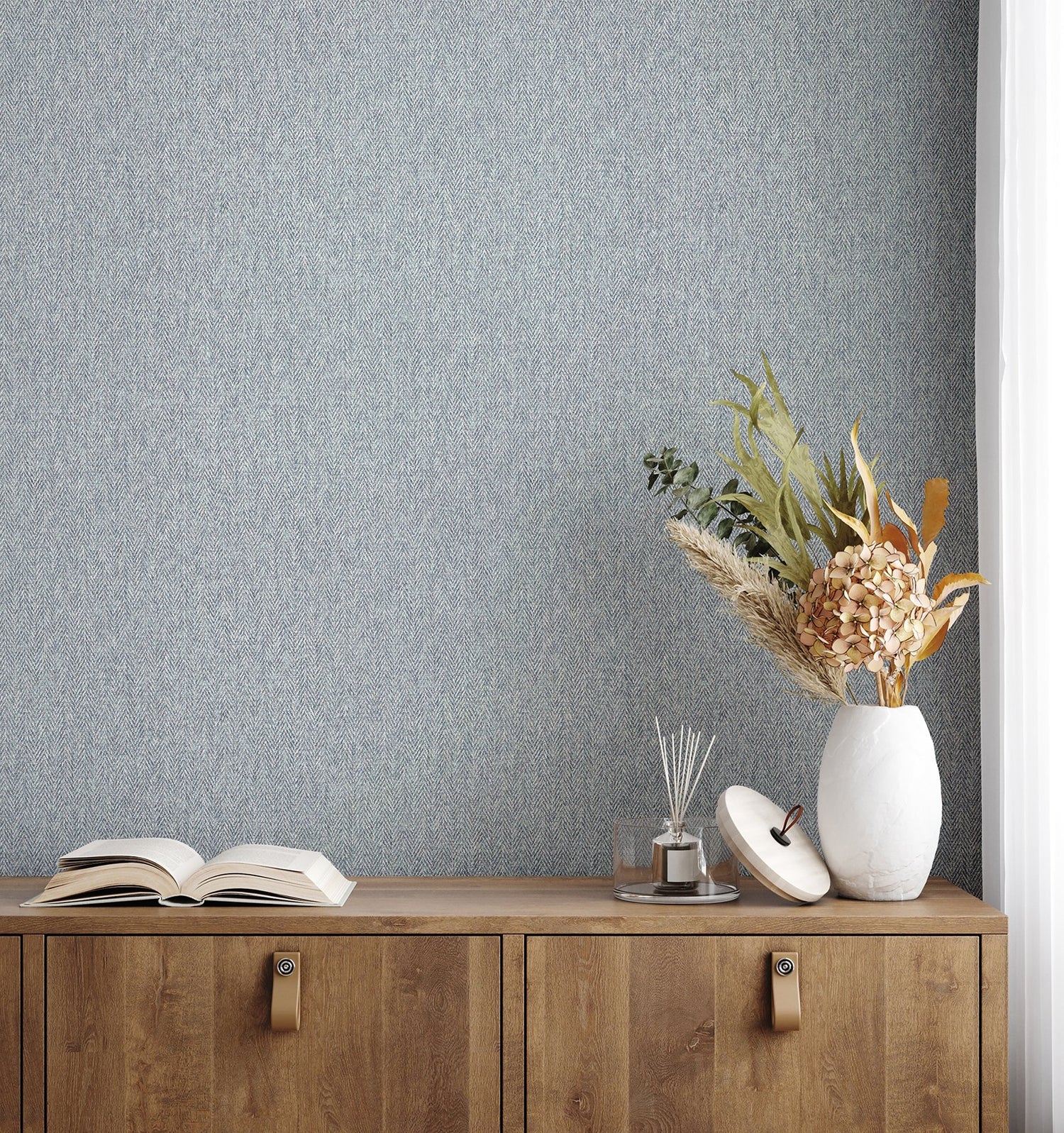 Herringbone Blue Tweed Wallpaper with Textured Fabric Pattern - Advantage 4164-M1824