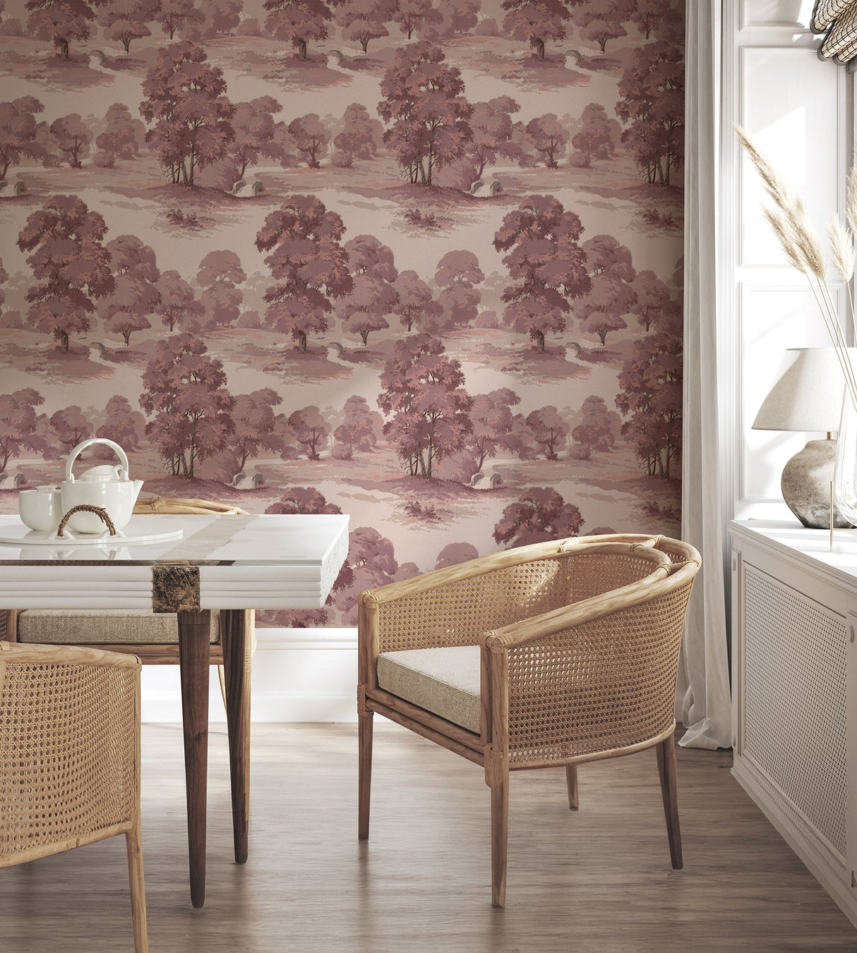 Sherwood Merlot Glade Wallpaper with Traditional Botanical Trees Motif - Advantage 4164-M1828