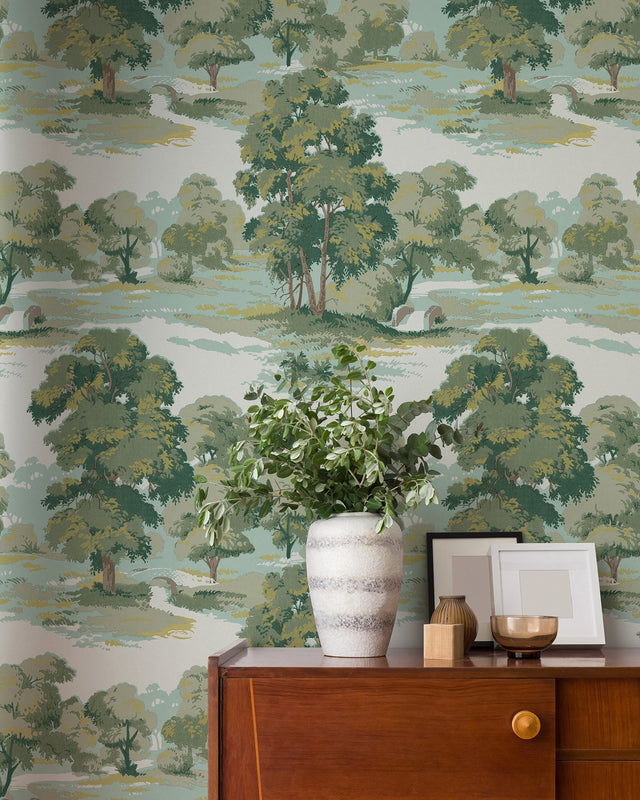 Sherwood Green Glade Wallpaper with Traditional Botanical Trees Motif - 4164-M1829