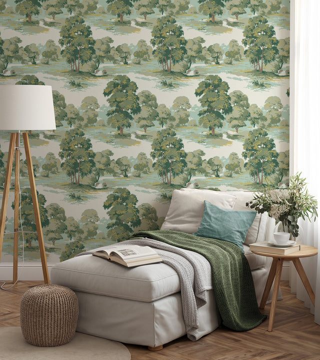 Sherwood Green Glade Wallpaper with Traditional Botanical Trees Motif - 4164-M1829