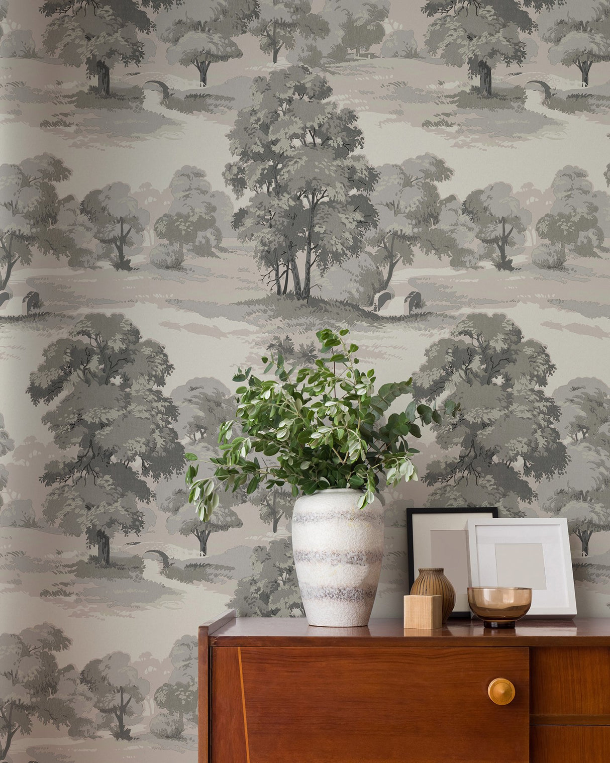 Sherwood Grey Glade Wallpaper with Traditional Botanical Trees Motif - Advantage 4164-M1831