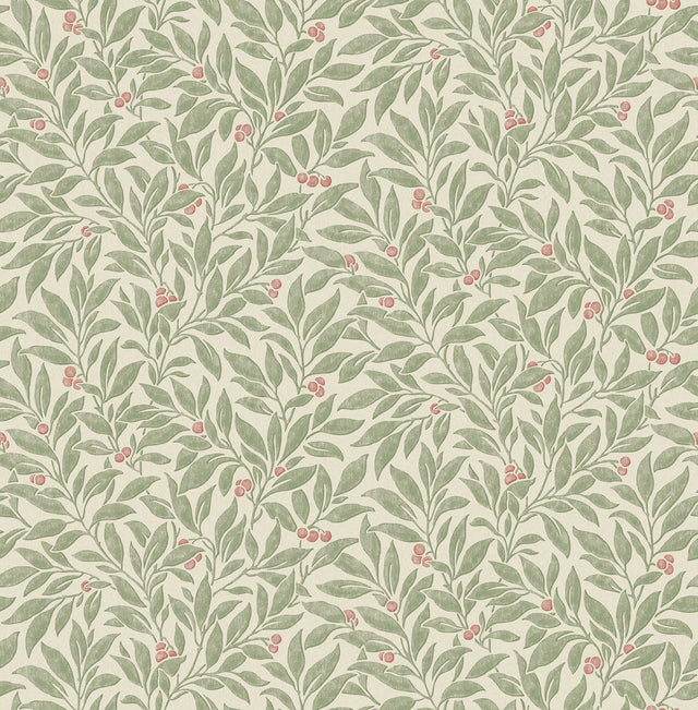 Winter Berry Green Vine Wallpaper with Botanical Textured Non Woven Farmhouse Style - Advantage 4164-M1840
