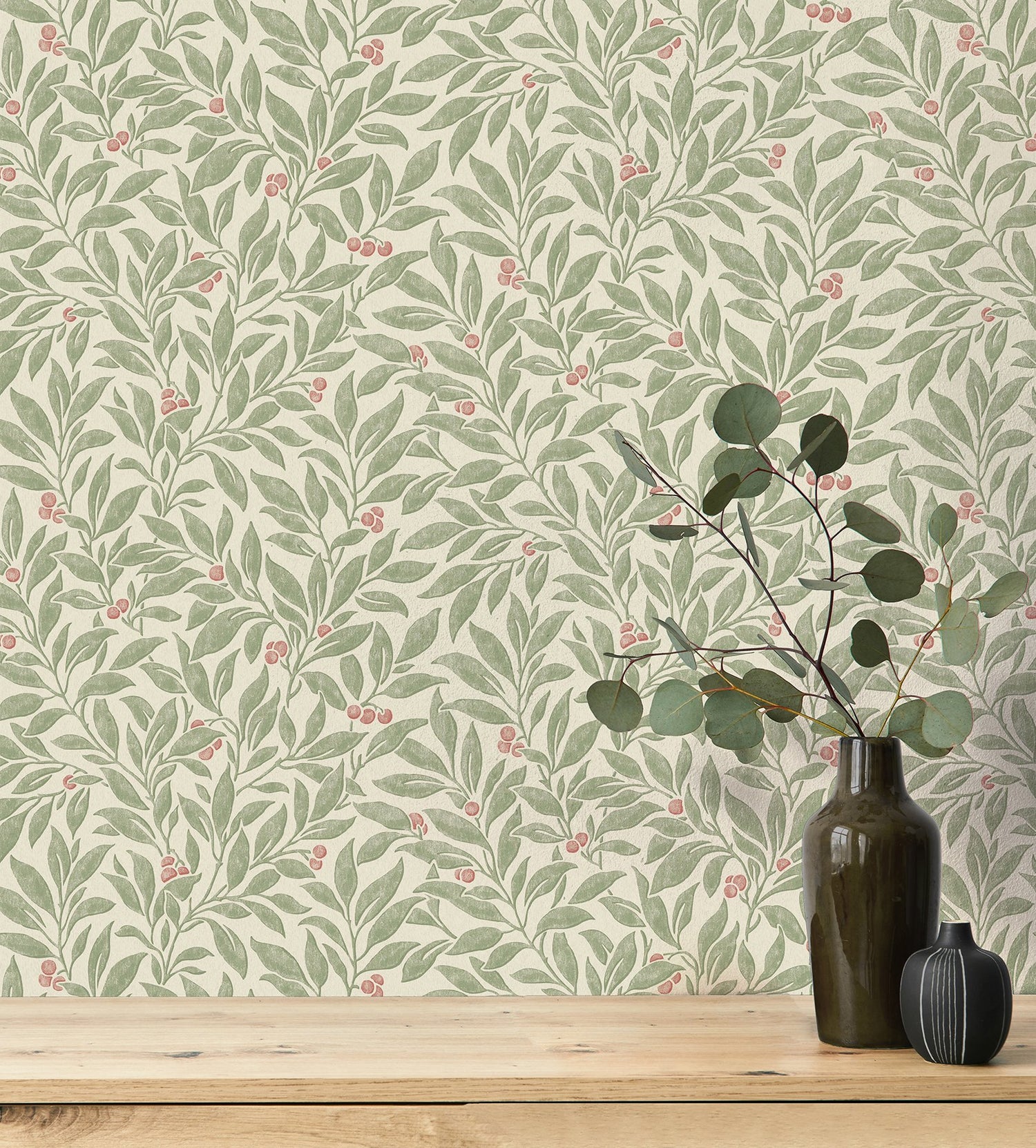 Winter Berry Green Vine Wallpaper with Botanical Textured Non Woven Farmhouse Style - Advantage 4164-M1840