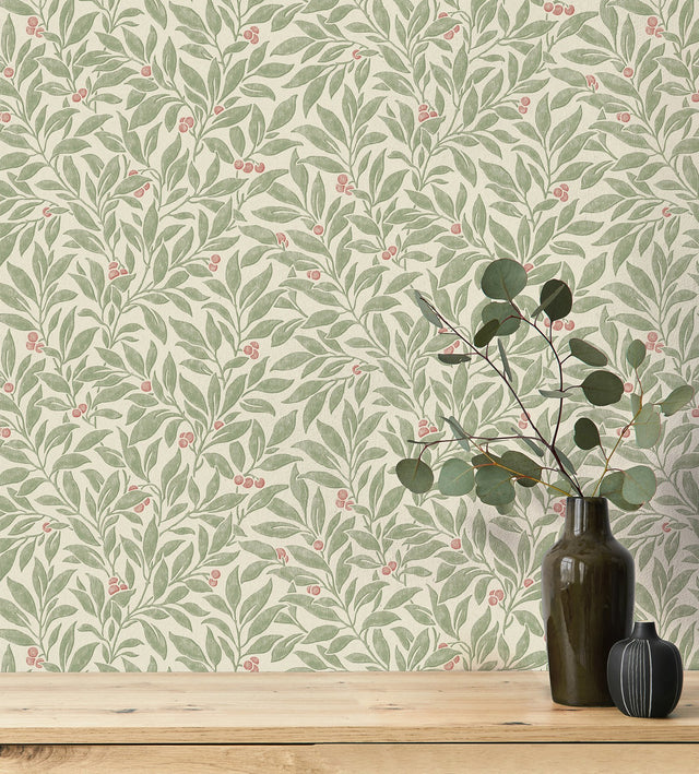Winter Berry Green Vine Wallpaper with Botanical Textured Non Woven Farmhouse Style - Advantage 4164-M1840