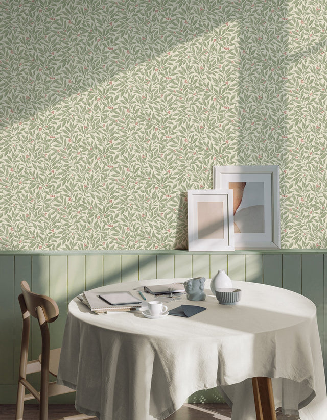 Winter Berry Green Vine Wallpaper with Botanical Textured Non Woven Farmhouse Style - Advantage 4164-M1840