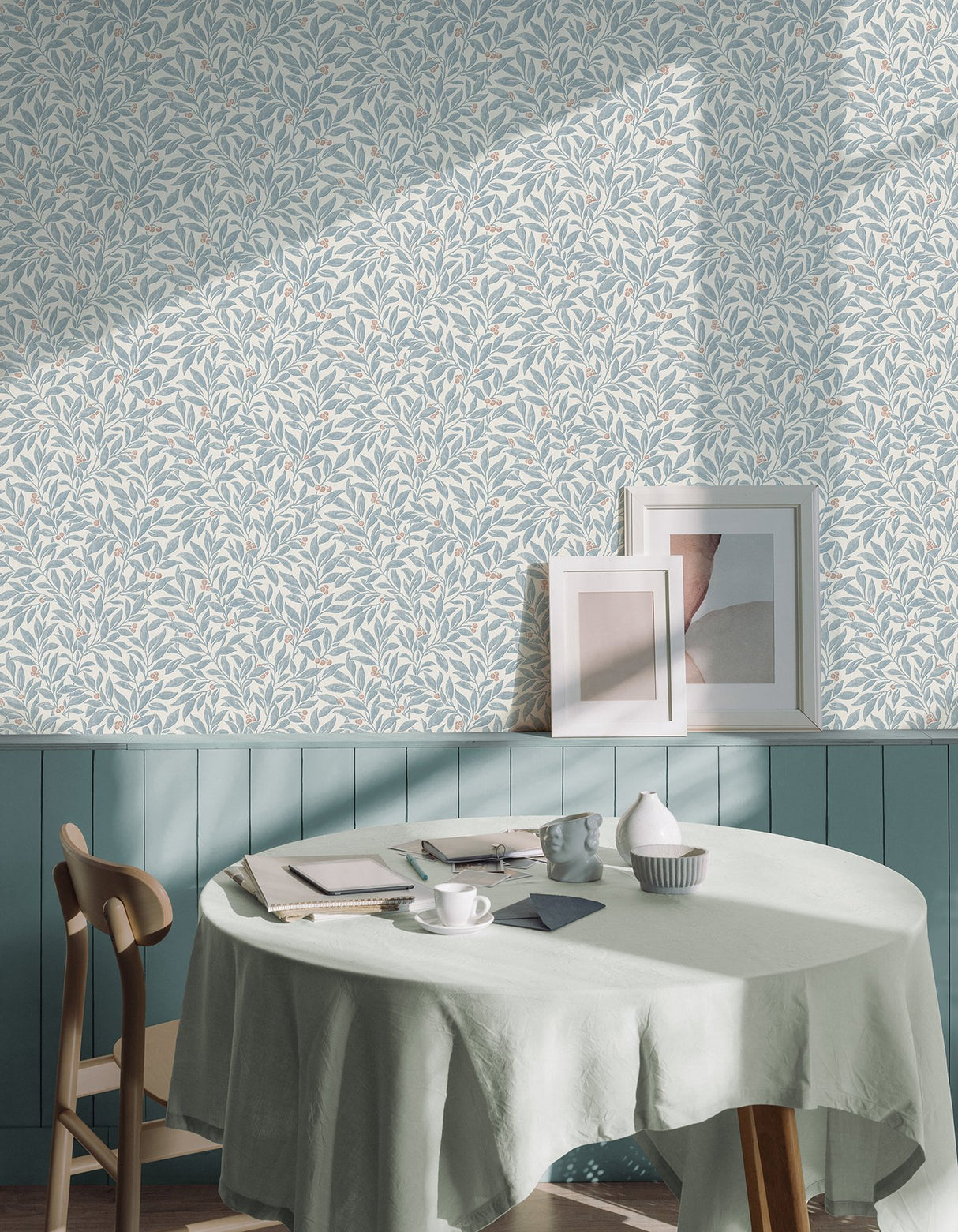 Winter Berry Blue Vine Wallpaper with Textured Botanical Farmhouse Style - Advantage 4164-M1841