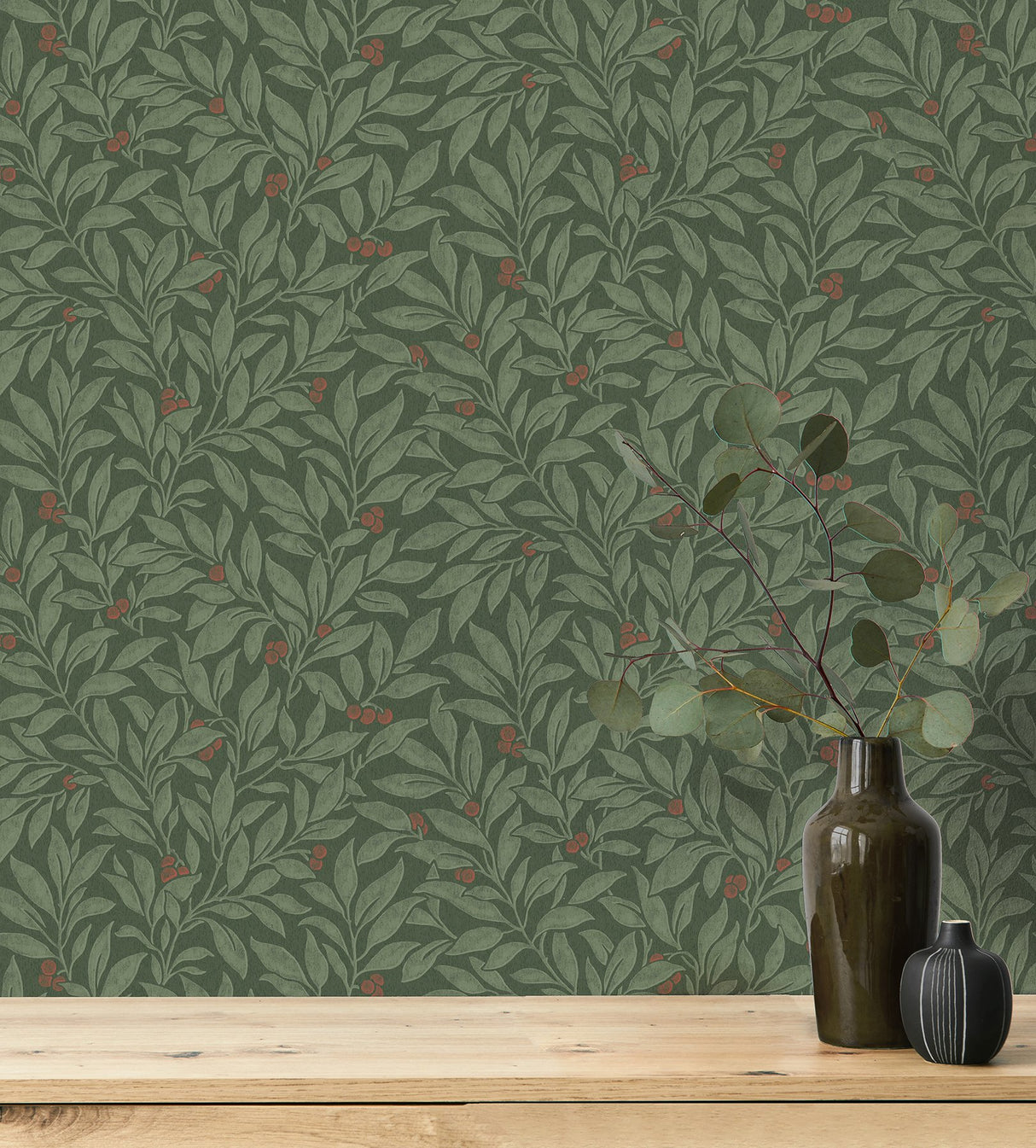 Winter Berry Evergreen Vine Wallpaper with Botanical Vine Pattern, Farmhouse Style - Advantage 4164-M1844