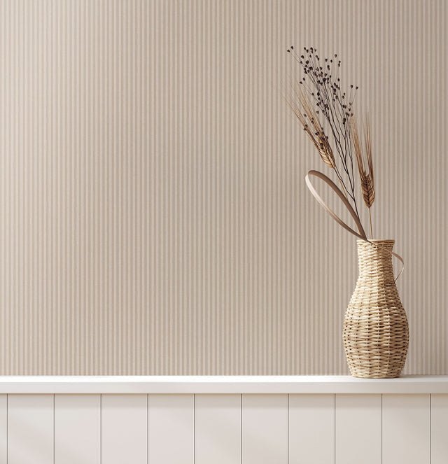 Ticking Beige Stripe Textured Wallpaper with Traditional Stripes Pattern - Advantage 4164-M1848