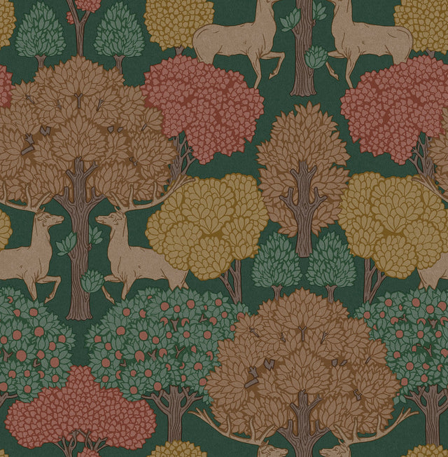 Forest of Arden Green Deer Wallpaper with Textured Woodland Stag Motif - Advantage 4164-M1849