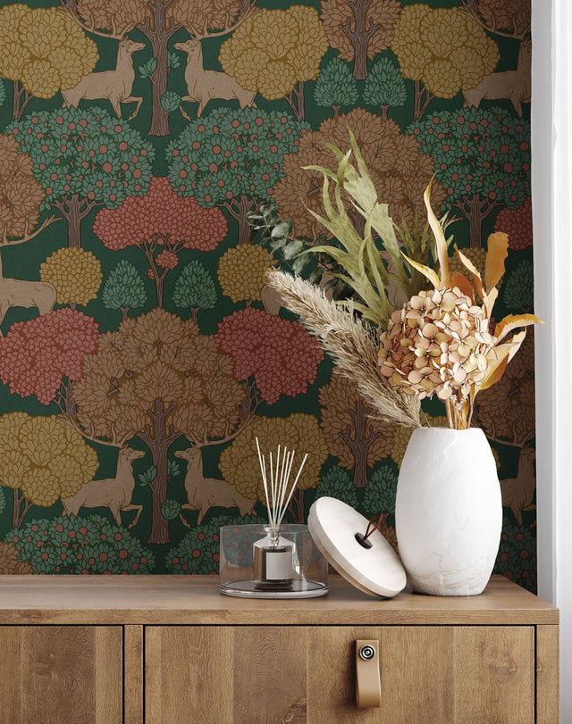 Forest of Arden Green Deer Wallpaper with Textured Woodland Stag Motif - Advantage 4164-M1849