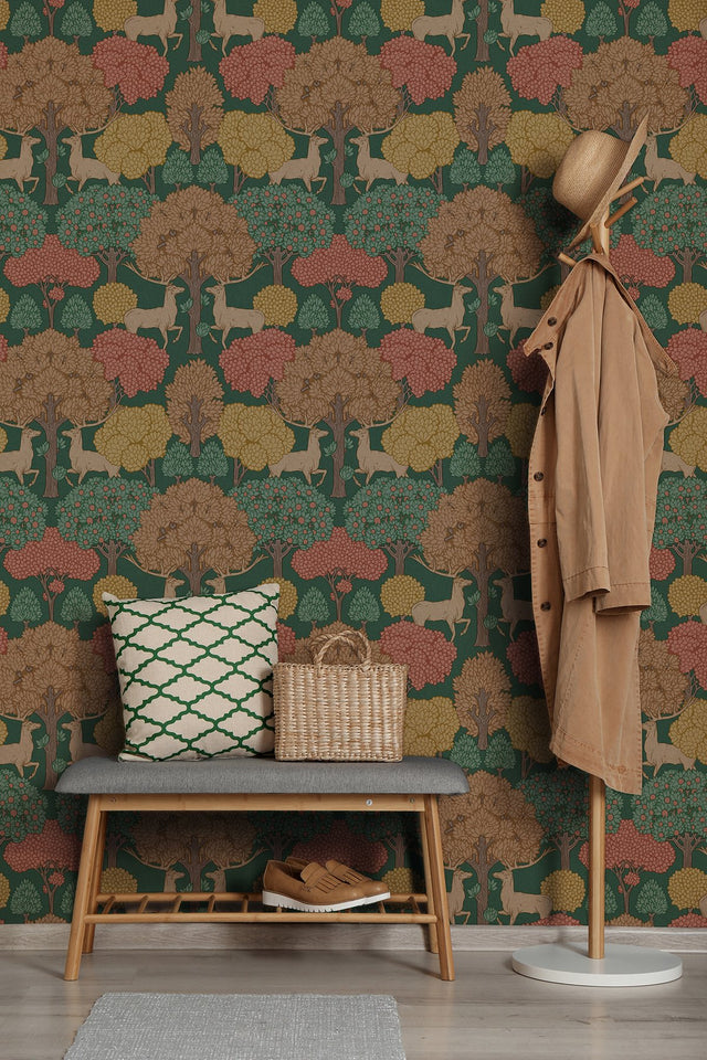 Forest of Arden Green Deer Wallpaper with Textured Woodland Stag Motif - Advantage 4164-M1849