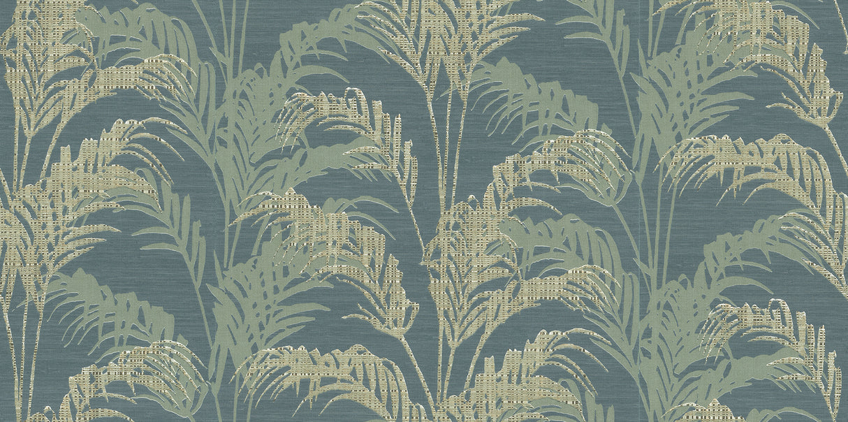 Advantage Rattan Teal Palm wallpaper roll and bathroom room scene