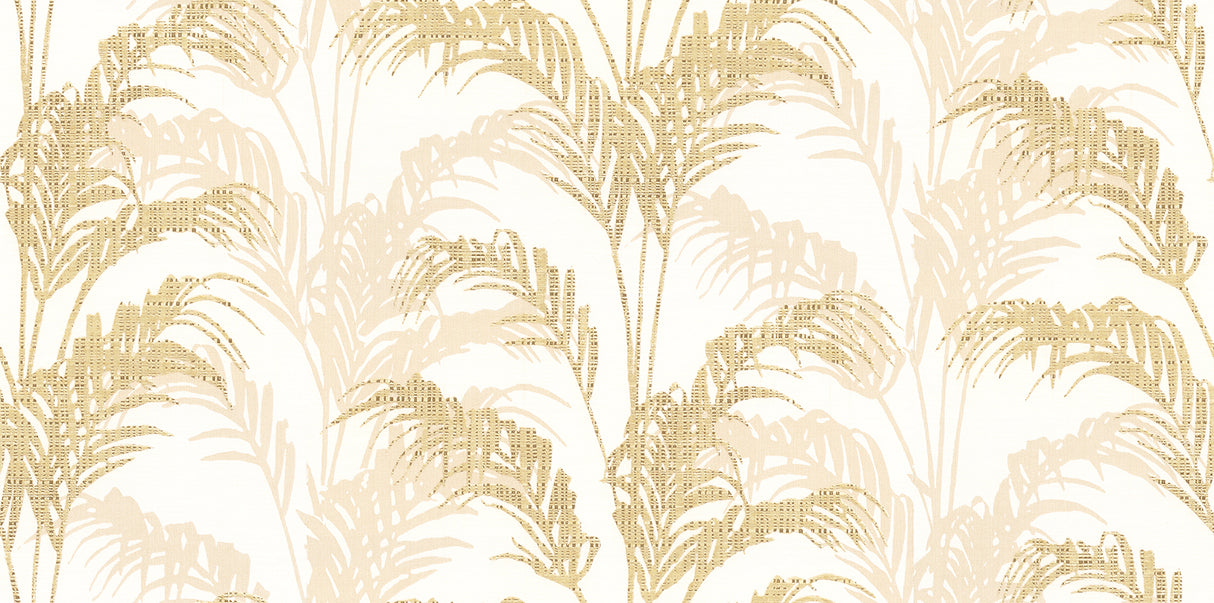 Advantage Rattan Gold Palm Wallpaper roll showing metallic gold palm fronds on ivory ground