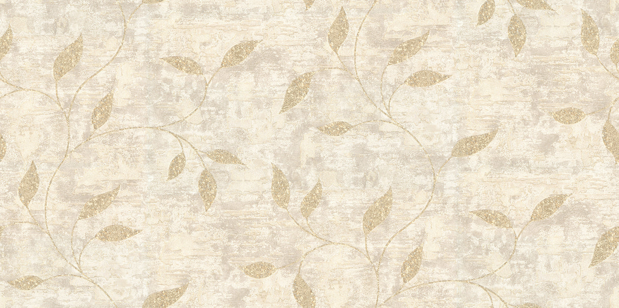 Stonewall Neutral Vine wallpaper in neutral with trailing vines pattern; roll detail and installed kitchen scene
