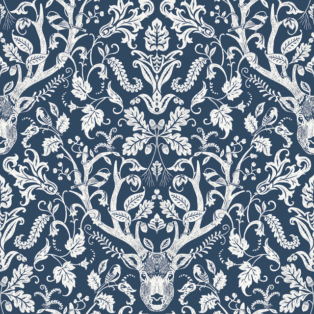 Kiwassa Navy Antler Damask Wallpaper by Chesapeake