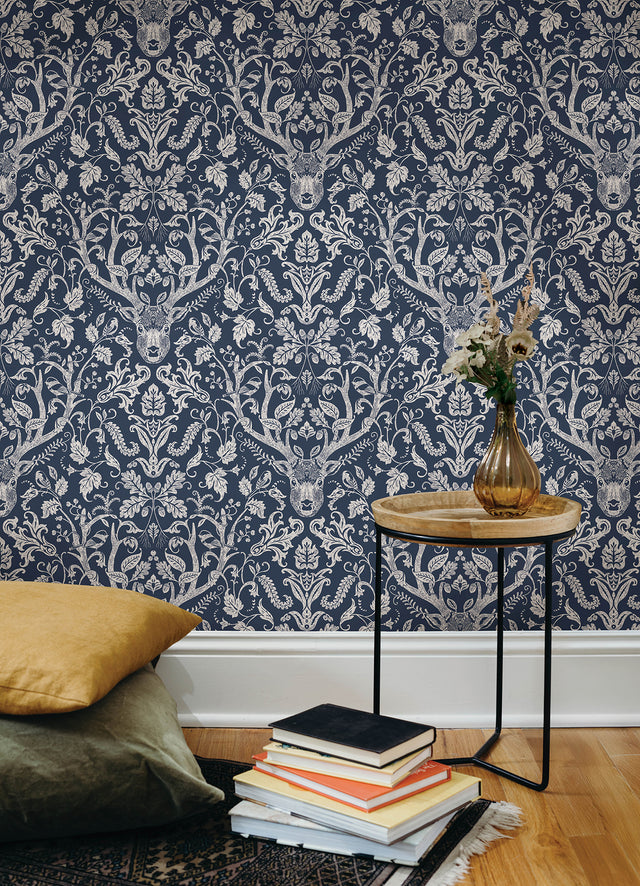 Kiwassa Navy by Chesapeake Antler Damask Wallpaper – Brewster 4169-12703