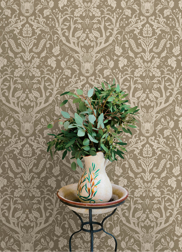 Kiwassa Light Brown by Chesapeake Antler Damask Wallpaper – Brewster 4169-12705