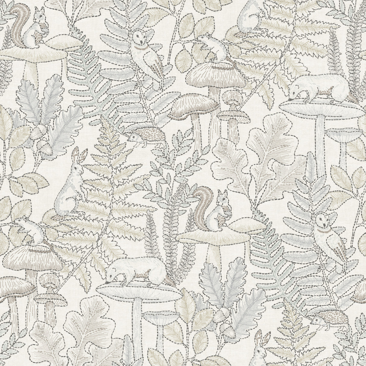 Holt Neutral Woodland wallpaper detail with embroidered-style forest animals and foliage