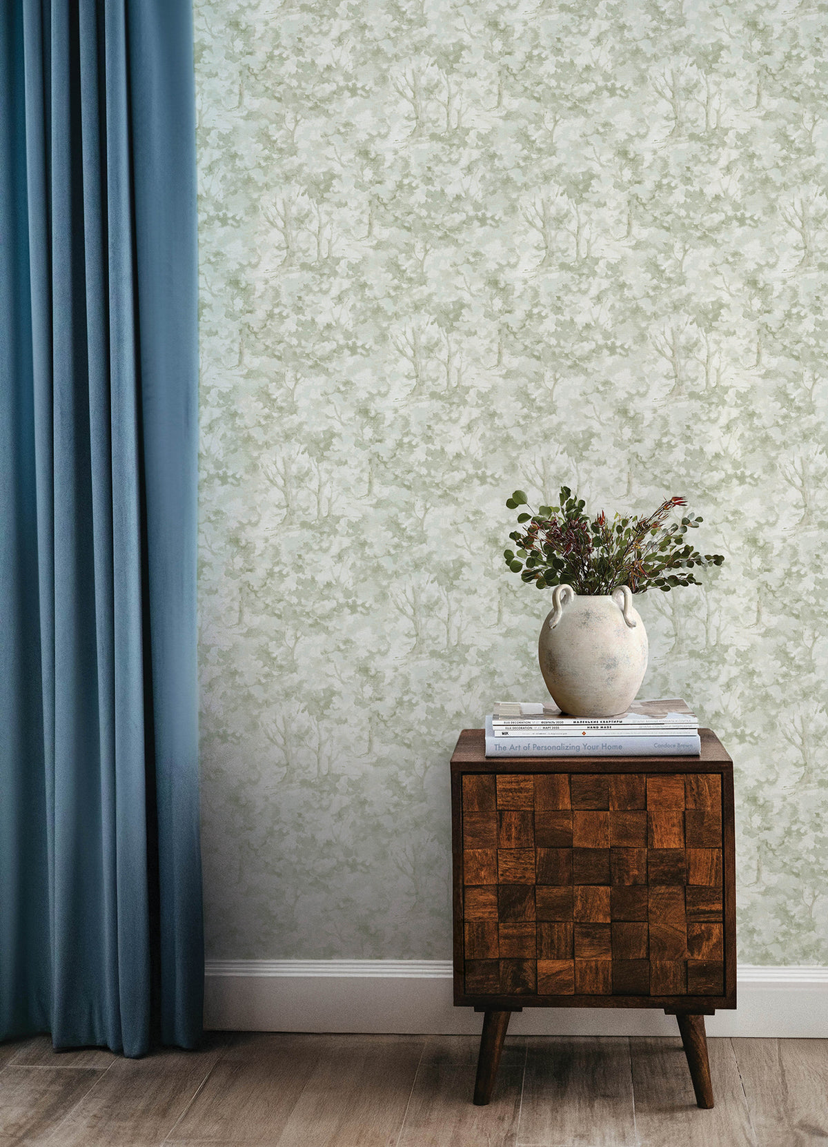 Thicket Sage Green by Chesapeake Forest Wallpaper, 20.5 in W x 33 ft L, Prepasted Sure Strip, Washable - Brewster Home Fashions 4169-83109-Sample