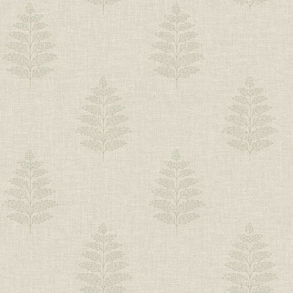 Chesapeake Frond Beige Leaf Wallpaper sample showing fern motif on linen-look ground