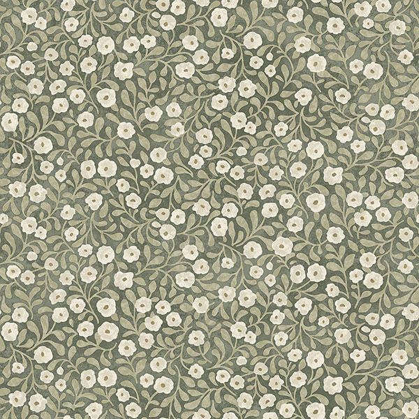 Poppy Trail Green floral wallpaper by Chesapeake, small poppy pattern on green ground