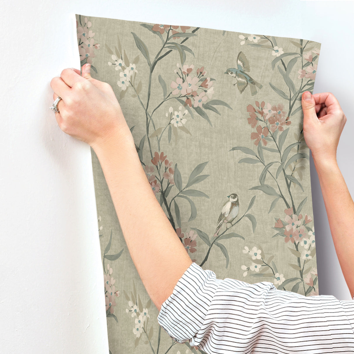 Tea Olive Green by Chesapeake Finch Frolic Birds Wallpaper – Brewster 4169-83138