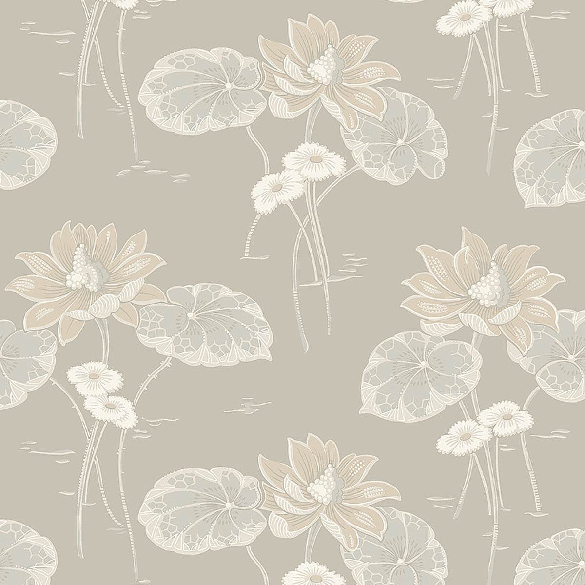 HAGA wallpaper in stone colorway by Boråstapeter for Schumacher, featuring floating water lilies and curvilinear leaves in an Art Nouveau style.