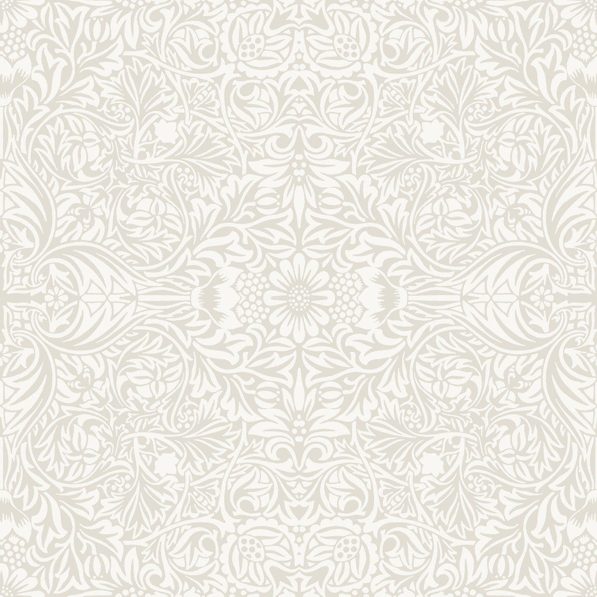 Ceiling Dove Intricate Floral Wallpaper roll and pattern in white and pale grey.