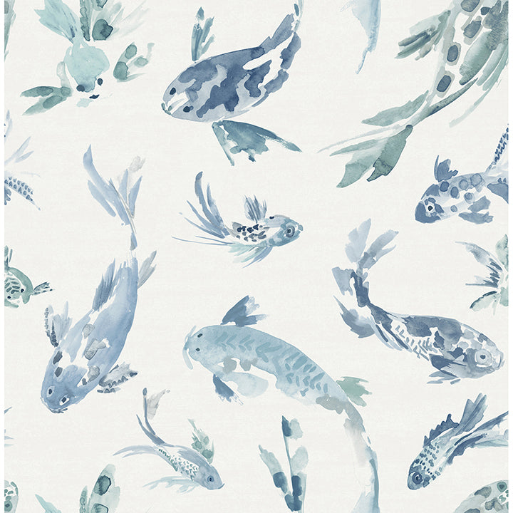 Koi Blue Fish wallpaper in blue by A-Street Prints, watercolor fish motif